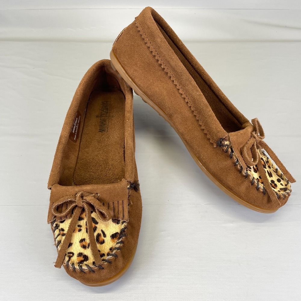 Minnetonka Kilty Fringe Shoes Womens Size 8.5 Brown Suede Calf Hair Moccasins